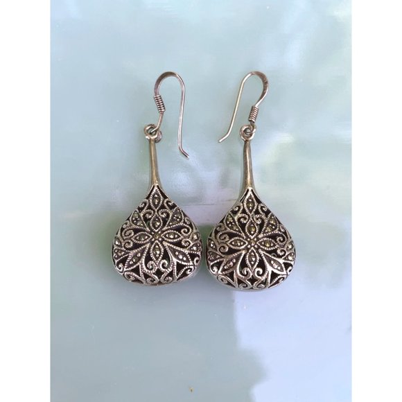 Vintage 925 Sliver Marcasite Tear Drop Dangle Earrings - Picture 3 of 14